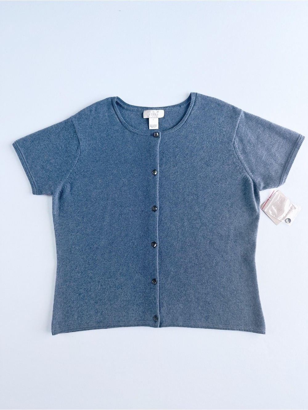 New J Jill 100% Cashmere Cardigan Sweater Knit Heather Blue Short Sleeve Button